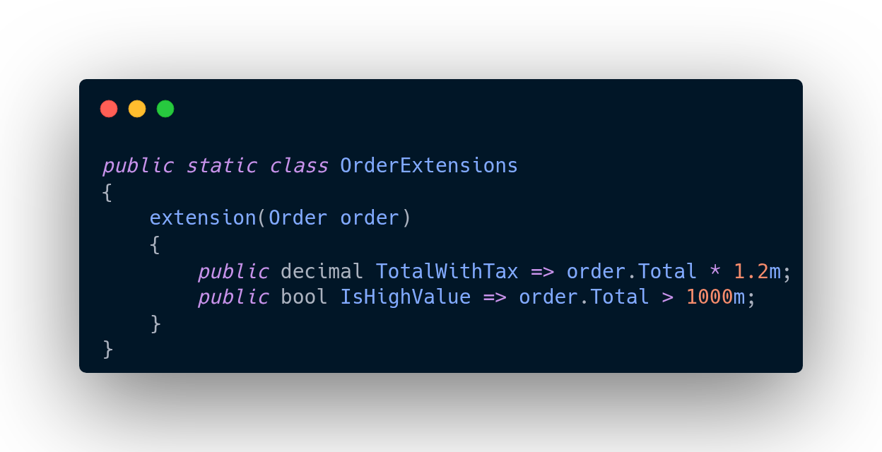 The C# 14 Feature I'Ll Actually Use Every Day 3 C# 14 Extension Block Adding Properties To The Order Type