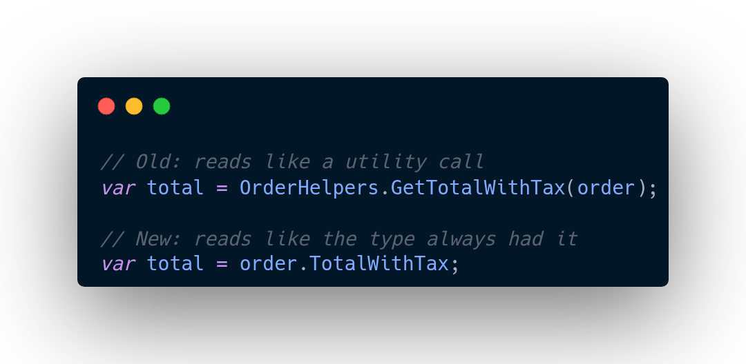 The C# 14 Feature I'Ll Actually Use Every Day 4 Extension Member Usage: Old Helper Call Versus New Property Syntax