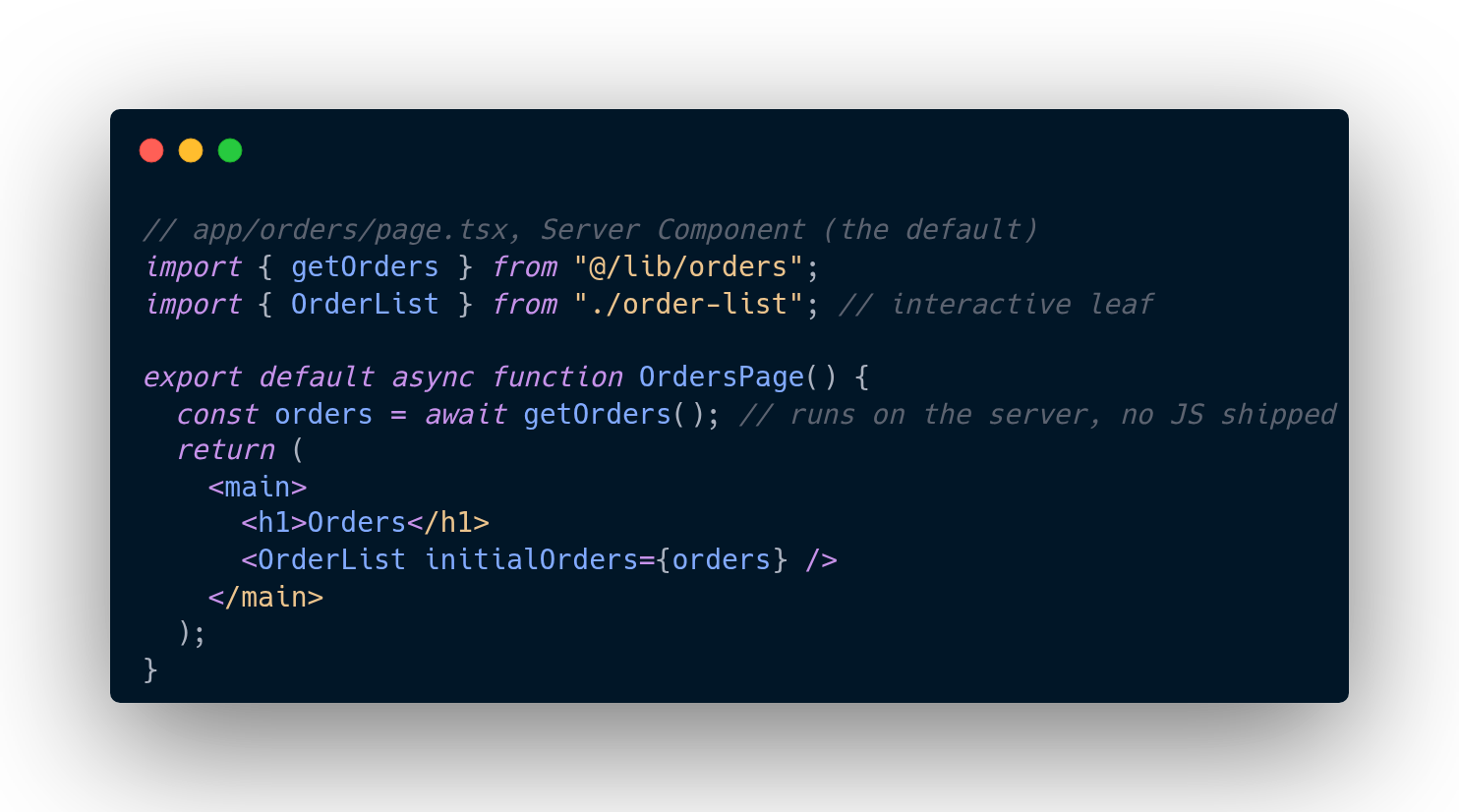 Next.js Server Component Page That Fetches Orders On The Server